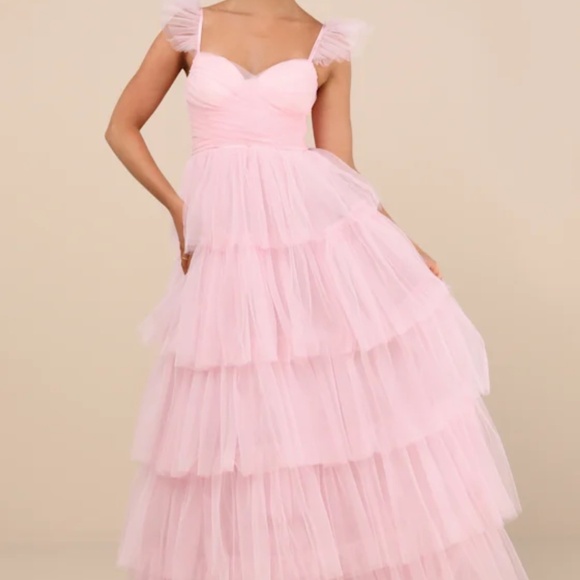 Lulus Fabulous Poise Light Pink Tulle Ruffled Tiered Maxi Dress - Picture 1 of 4